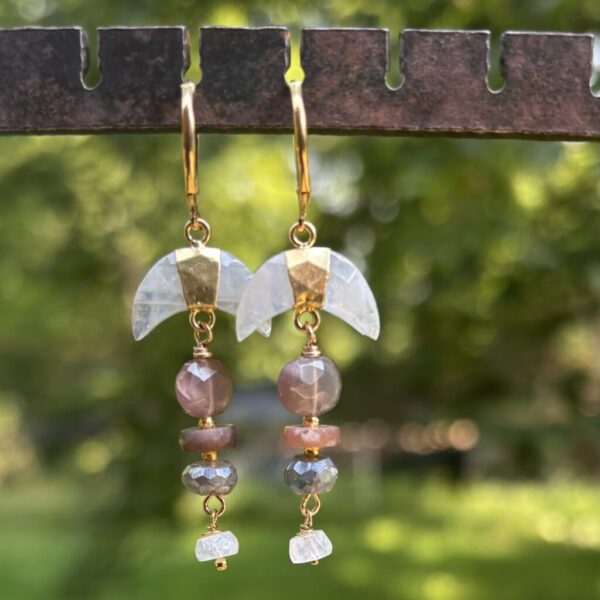 Moonstone Crescent and Smoky Topaz Gold Earrings