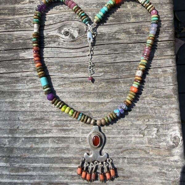 Old Moroccan Pendant with Carnelian and Coral with Turquoise Necklace
